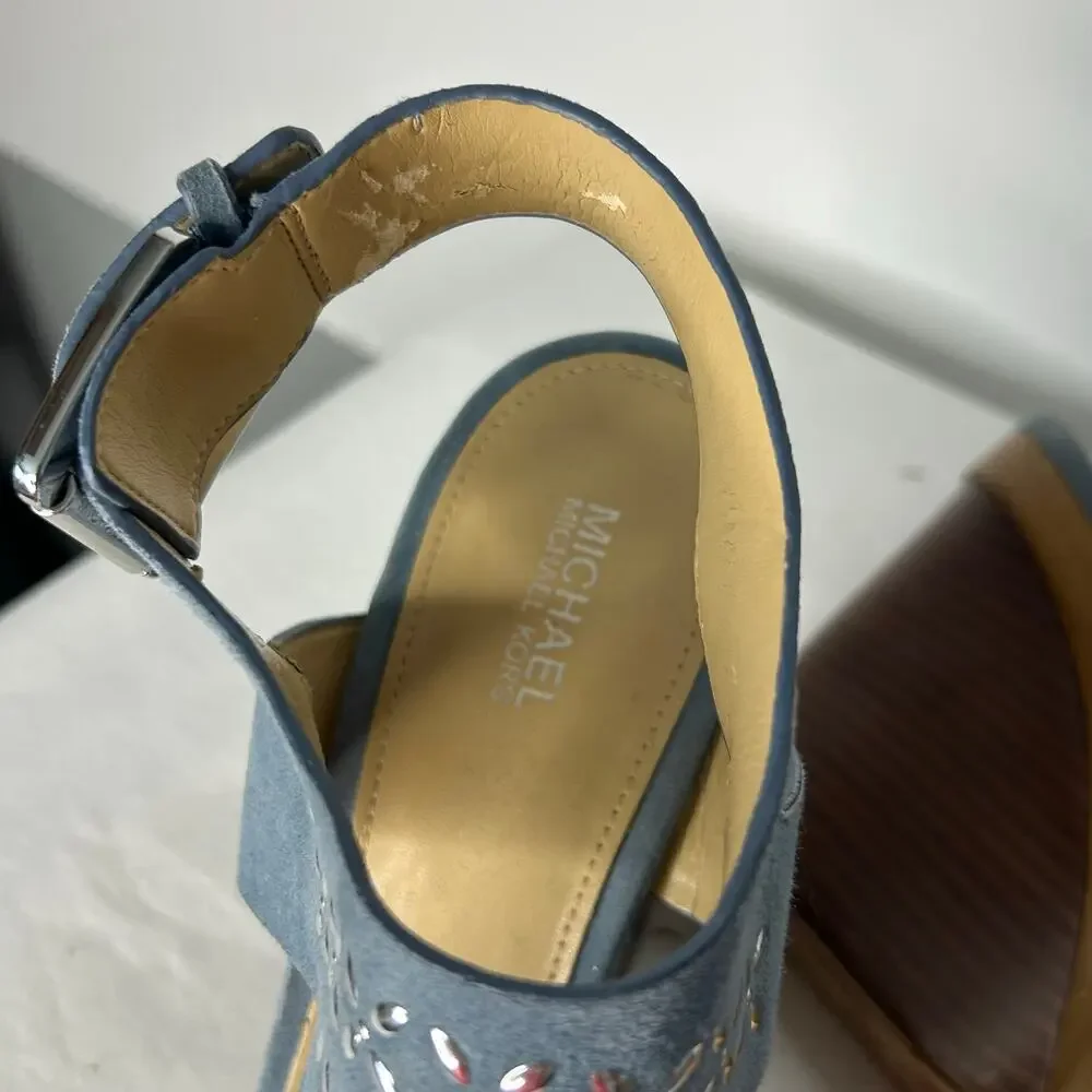 Michael Kors Blue Suede Laser Cut Wedge Sandals Peep Toe Women’s 8.5M